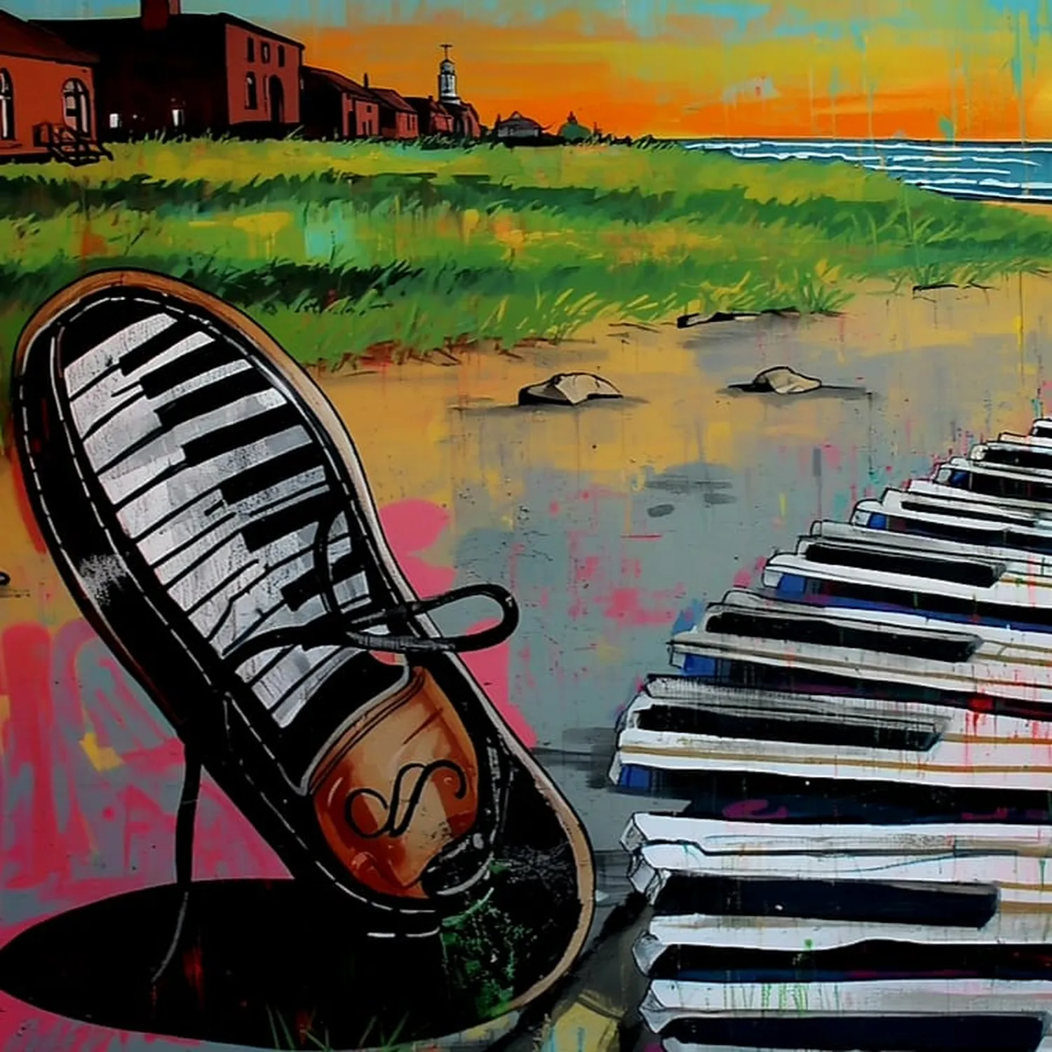 SarTorius – Musiker,  Künstler, Sänger, Pianist – Dieses Bild ähnelt Graffiti-Kunst und zeigt rote Sneaker im Adidas-Stil auf einer strukturierten Wand.