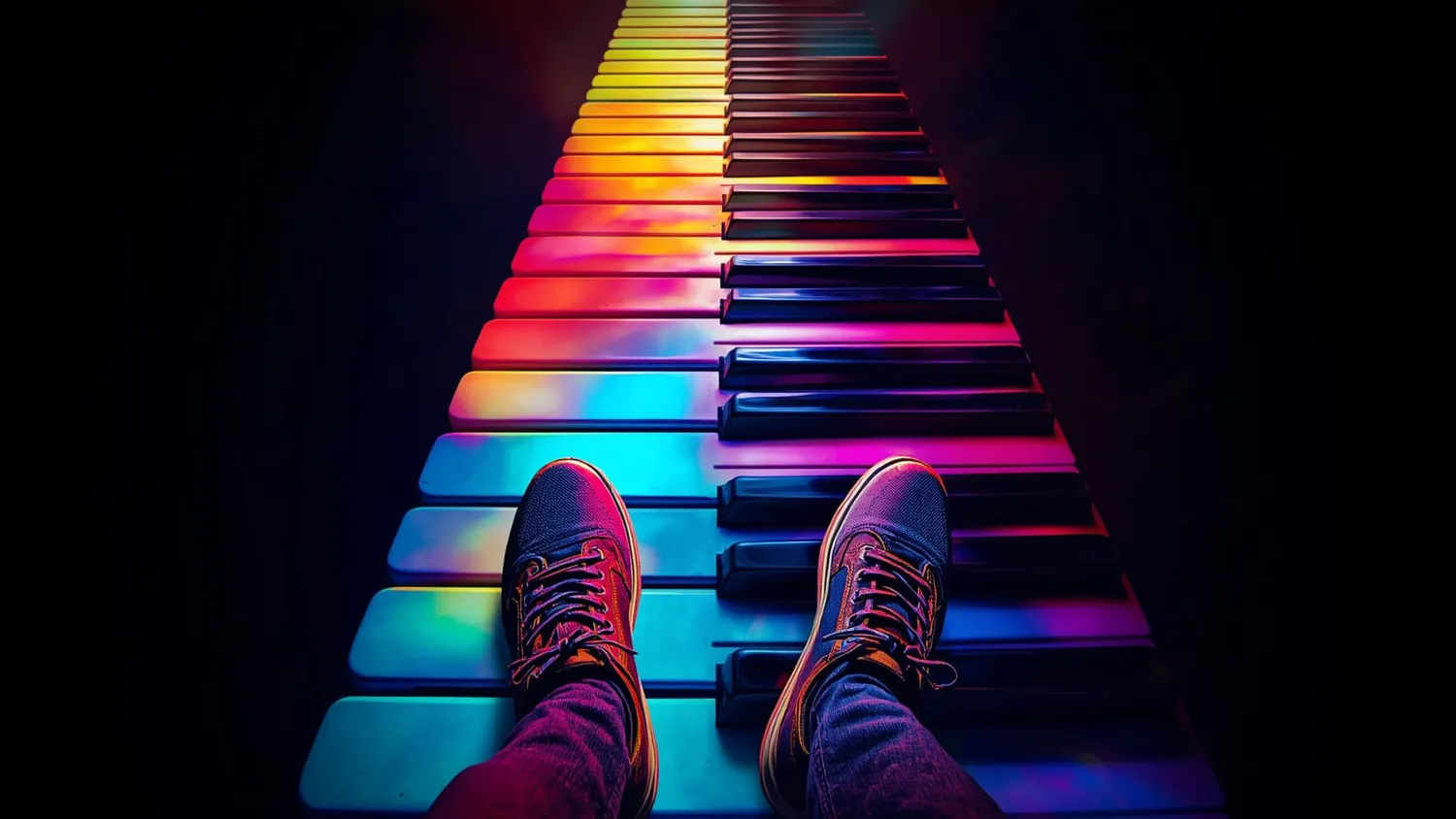 SarTorius – Musiker,  Künstler, Sänger, Pianist – Dieses Bild scheint KI-generiert zu sein und zeigt eine leuchtende Klaviertastatur in Neonfarben.